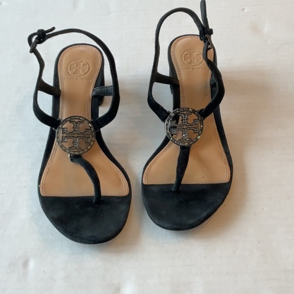 Tory Burch Shoes - Tory Burch black suede sandal w/ rhinestone logo Size 8